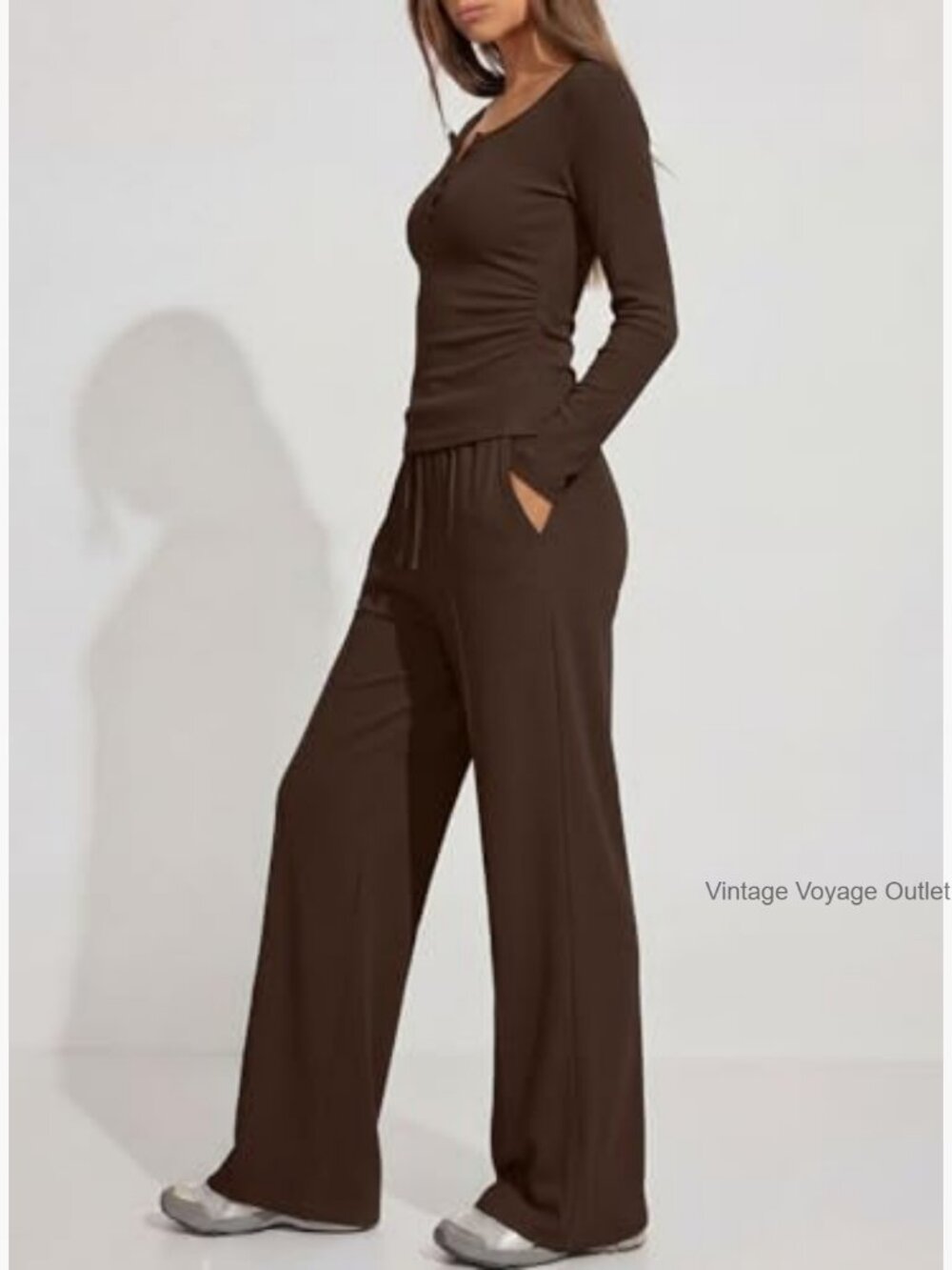 2 Piece Lounge Set Long Sleeve Henley Wide Leg Pants Travel Outfit - Picture 3 of 7